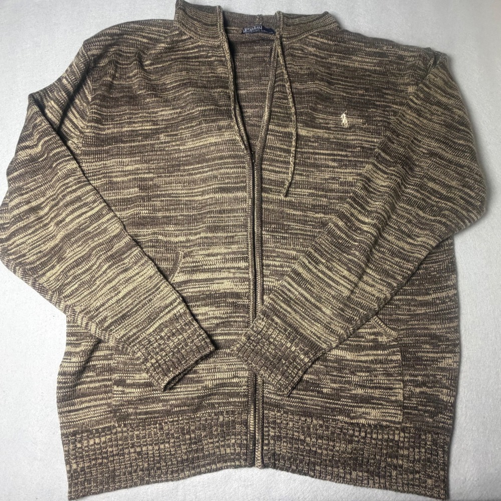 Polo Ralph Lauren Mens 2X Brown Space Dye Knit Full Zip Hooded Sweater Pony Logo